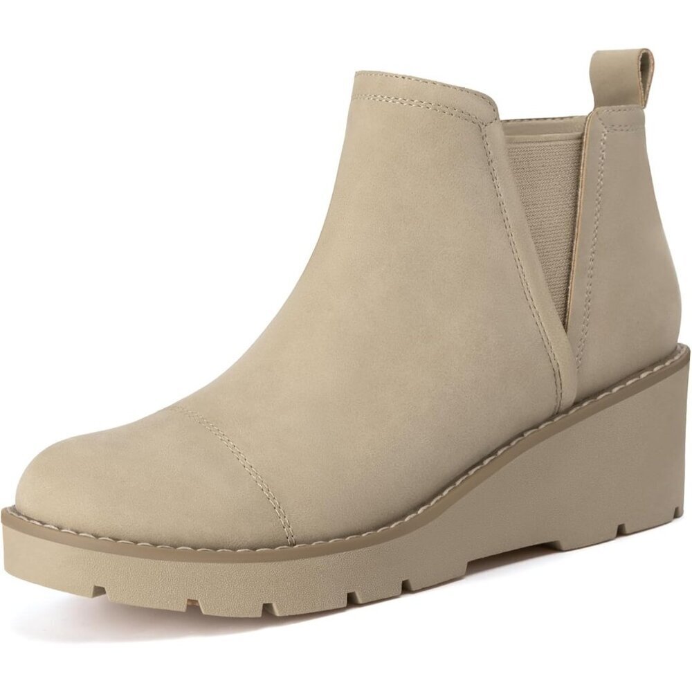 Women's Khaki Wedge Chelsea Boots Lug Sole Platform Ankle Booties Zipper